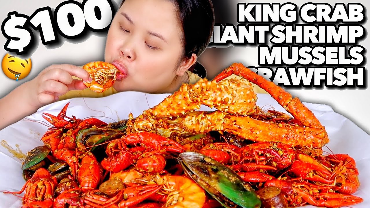 King Crab Legs Shrimp Crawfish Mussels Seafood Boil Mukbang