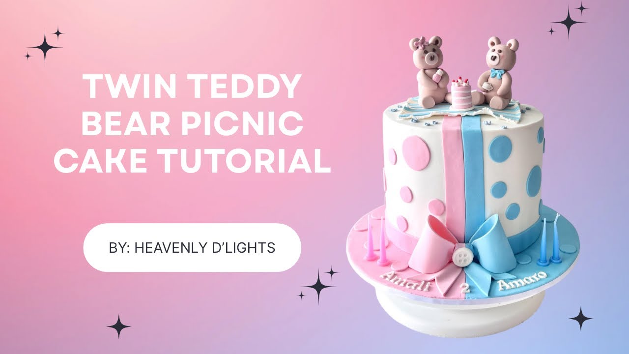 How to Make a Twin Teddy Bear Cake for First BirthdayㅣFondant Picnic Blanket, Bears & Bows