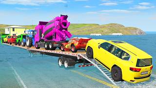 Triple Flatbed Trailer McQueen Transportation with Truck - Speedbumps vs Cars vs Train - BeamNG #38