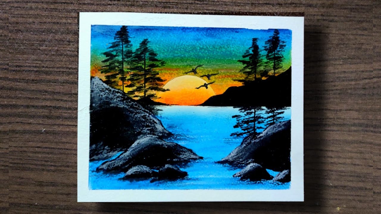 Drawing With Oil Pastel For Beginners / Sunset Riverside Drawing Step by Step