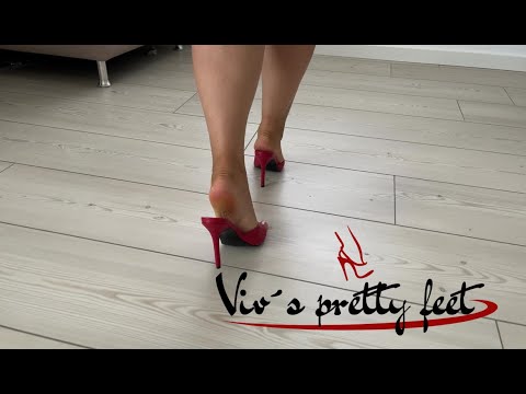 Wife walks and poses feet in her red pleaser mules - at the end in slowmotion