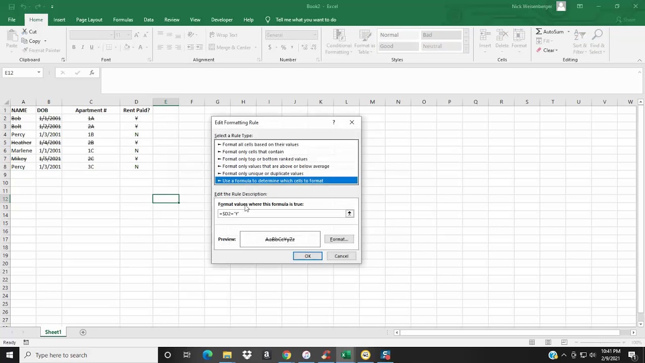 How to cross out a cell in Excel