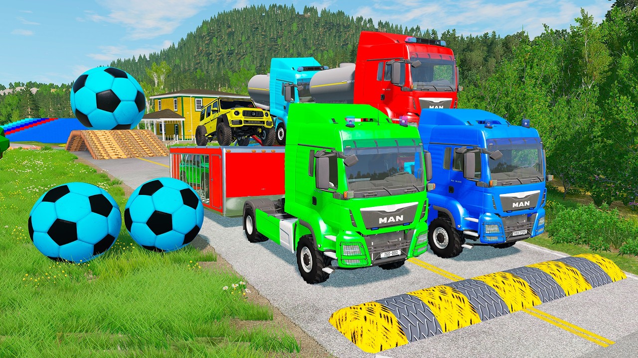 Triple Flatbed Trailer McQueen Transportation with Truck - Speedbumps vs Cars vs Train - BeamNG 0154