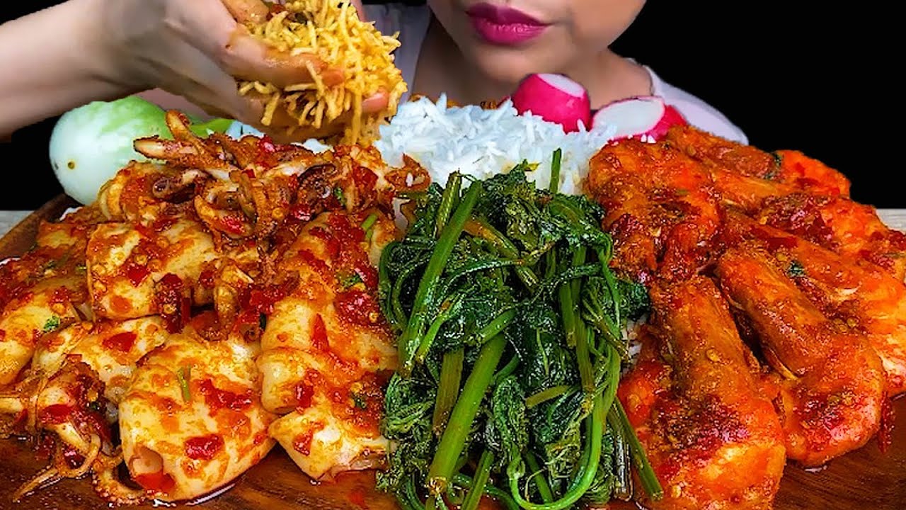 MUKBANG\\SPICY SHRIMP, SPICY SQUID, STIR FRIED CHAYOTE PLANT & WHITE RICE