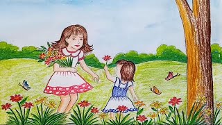 How to draw scenery of spring season / flower garden step by step