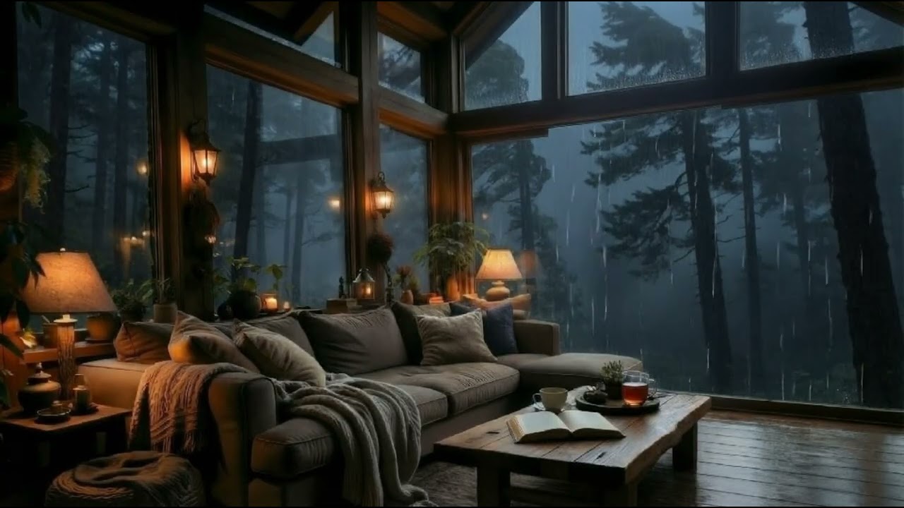 Heavy Rain at Night in Cozy Glass Cabin 🌧️ Sleep Instantly with Relaxing Rain Sounds
