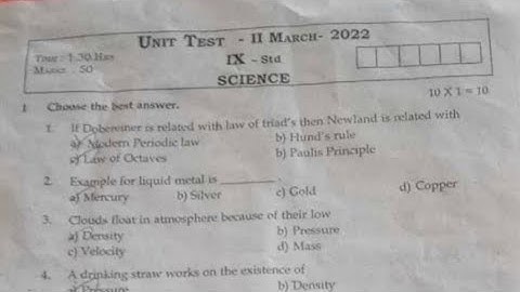 9th std science unit test-2 question paper 2022