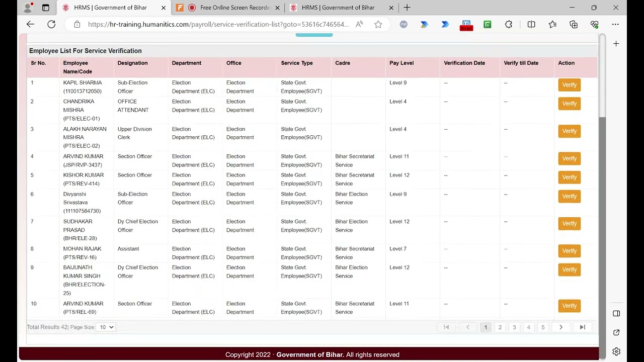 Bihar HRMS: Service Verification