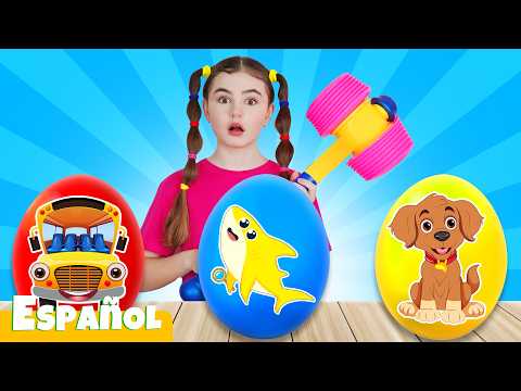Baby Shark and the Bus Surprise Eggs 🥚 Nursery Rhymes | Nick and Poli in Spanish