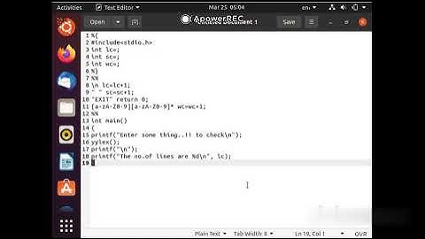 A Lex program to count number of line, space and word in ubuntu