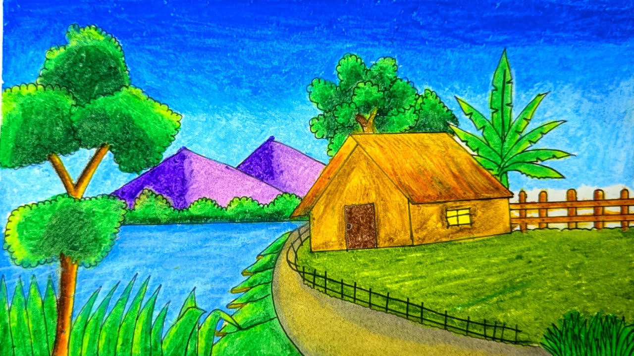 Easy village scenery drawing. 
