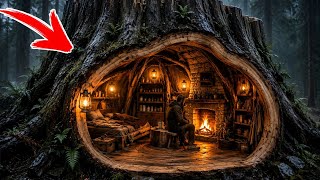 I Built a Secret Shelter Inside a Giant Tree Stump 🌲🔥