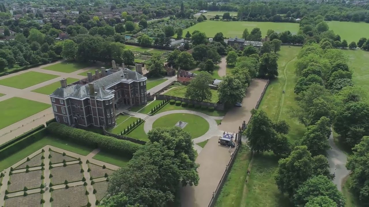4K Ham House, Richmond upon Thames Surrey UK aerial drone stock footage clip