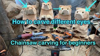 Carving different style eyes in chainsaw carved bears. Chainsaw carving for beginners.