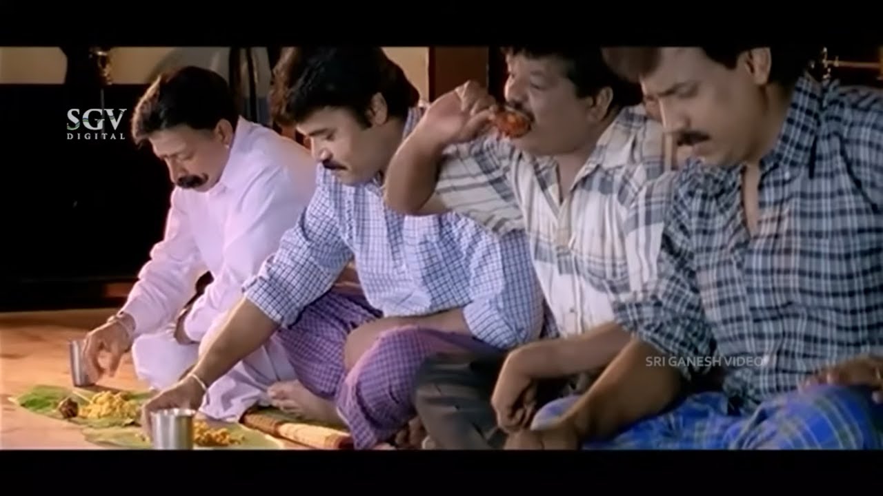 Tennis Krishna Enjoys Eating Chicken in Vishnuvardhan's Home -Yajamana Kannada Movie Comedy Scenes