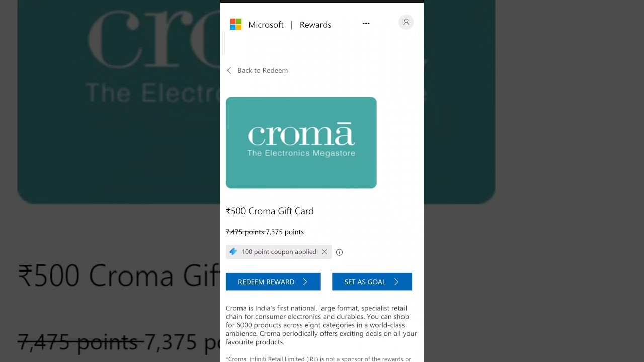 Microsoft reward good 😊 news 🤑🥇 croma 500₹ gift card voucher is back all accounts  