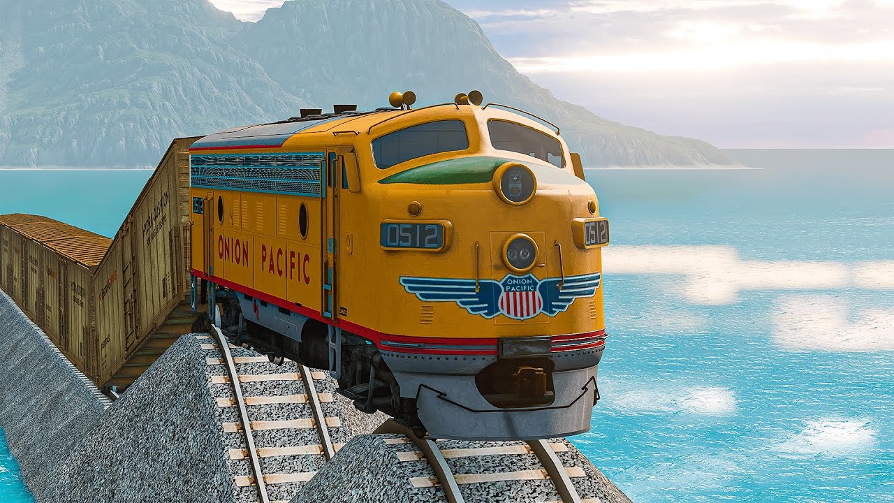 Incredible Train Races Along Wavy Rails Along an Endless Ocean - BeamNg.Drive