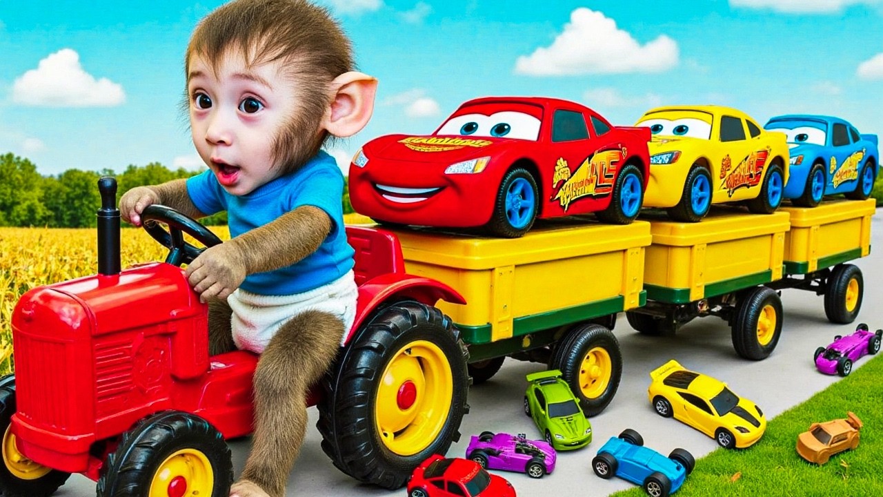 Bebé Mono BiBi Conduce Tractor Rojo y Transporta Autos de Carreras de Juguete 🚜🚗✨ - MONO BIBI ESP