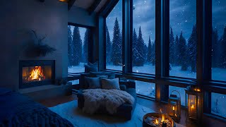 Snowy Day in Deserted Forest, Cozy Room with Smooth Jazz Music, Fireplace & Snow, ASMR Sleep