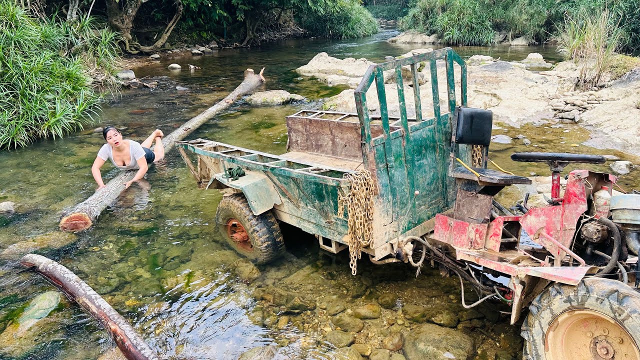 Agricultural vehicles transporting timber and hauling logs along the stream face extreme difficultie