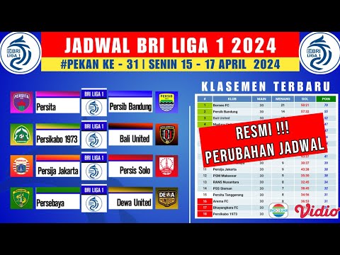 Perubahan Jadwal BRI Liga 1 2024 Pekan 31 - Persita vs Persib - Persija vs Persis - Klasemen Liga 1