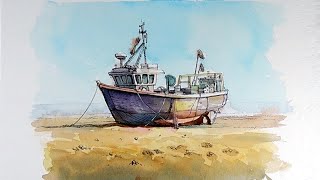 Line and wash watercolor - Fishing boat standing on the beach