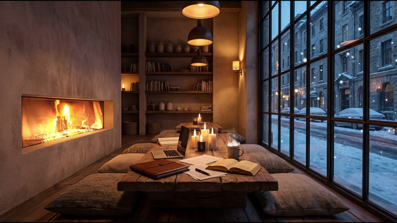 Cozy Luxury Jazz Cafe on a Winter evening❄️ Deep Focus, Relaxing Jazz, & Fireplace Sounds