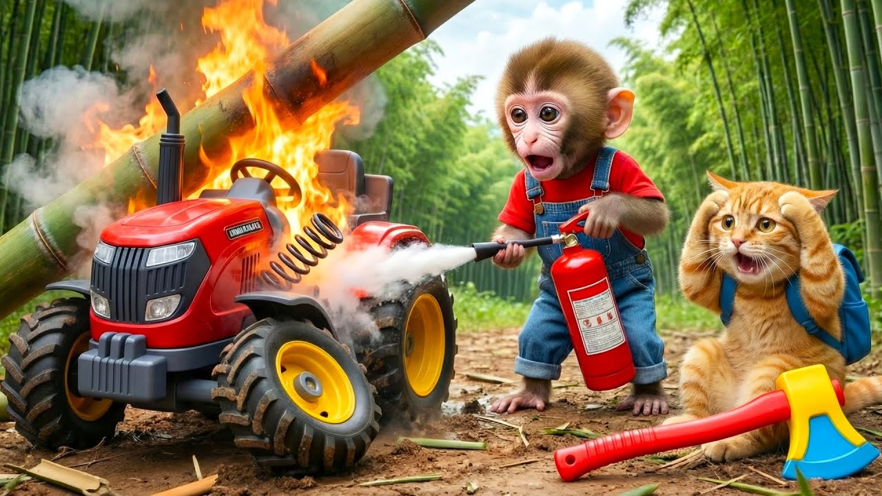 🐵🐱 Monkey & Fat Cat Rescue a Tractor That Suddenly Catches Fire and Ask a Panda to Fix It