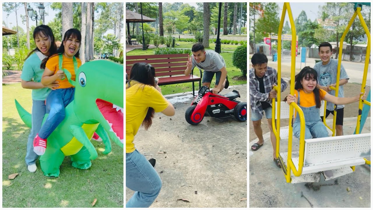 Noob inflatable dinosaur vs Pro Motorbike - Prank the girl in the park ...
