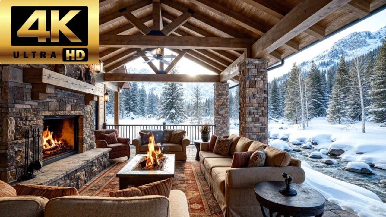Winter Cabin Fireplace Ambience ❄️🔥 | Warm Grand Fire by the Stream • 4K 1 Hour