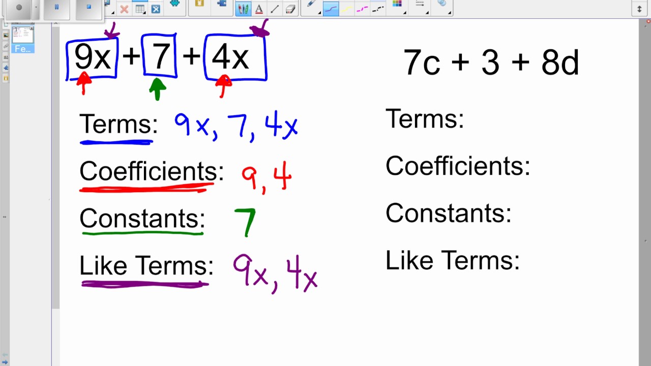 Coefficients, Constants, Terms, and Like Terms Vocab Review Video - YouTube