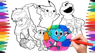 Cartoon Characters Coloring Book Page 4: Ben10, Cookie Monster, Gumball and Pikachu