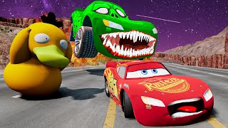 Angry CHICK HICKS EATER ZOMBIE \& DUCK vs Lightning McQueen and TOW MATER Pixar Cars in BeamNG.Drive