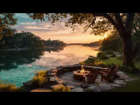 Peaceful Lakeside Sunset Ambience | Crackling Fire and Calm Water Sounds for Relaxation