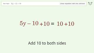 Linear equation with one unknown: Solve 5(y-2)=10 step-by-step solution