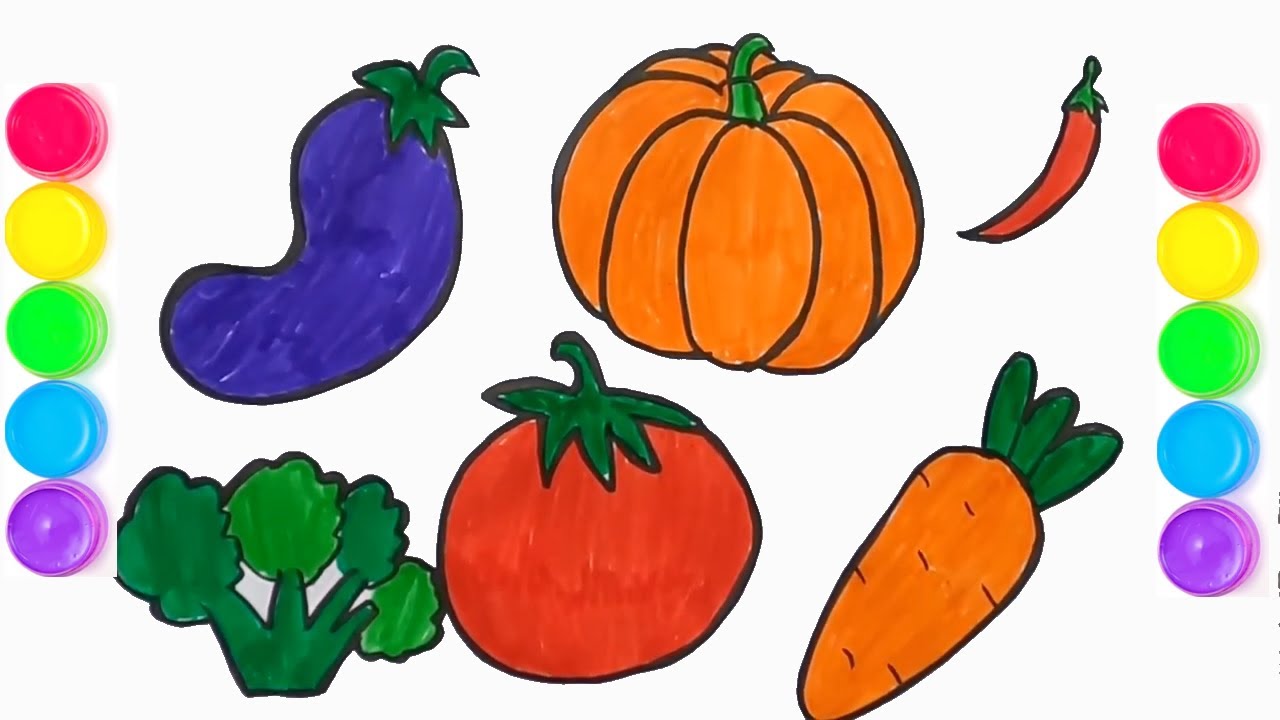 Vẽ các loại rau củ | Vẽ và tô màu các loại rau củ : cà rốt, cà chua, súp lơ, cà tím,ớt,bí đỏ