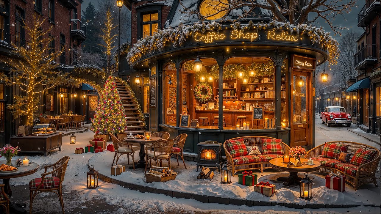 Calm Christmas Jazz Background Music for Good Mood 🎄 Cozy Coffee Shop Ambience & Snow Falling