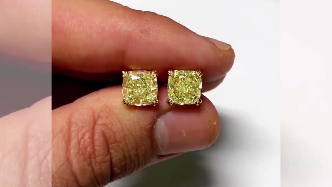 Fancy Yellow Cushion Lab Diamond Stud Earring. Studs Made in Prong Setting.