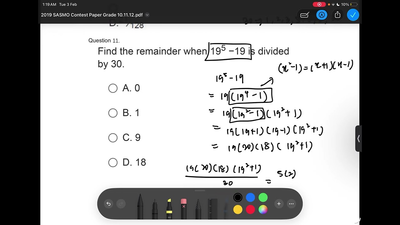Find the remainder when 195 –19 is divided by 30.