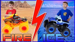 Monster Trucks Fire and Ice Frozen In Orbies Backyard Play Time