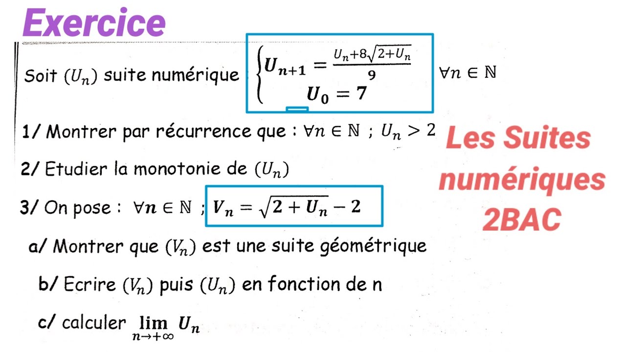 les suites numériques 2bac PC/SVT/SM 🚩 exercice pour préparer au contrôle