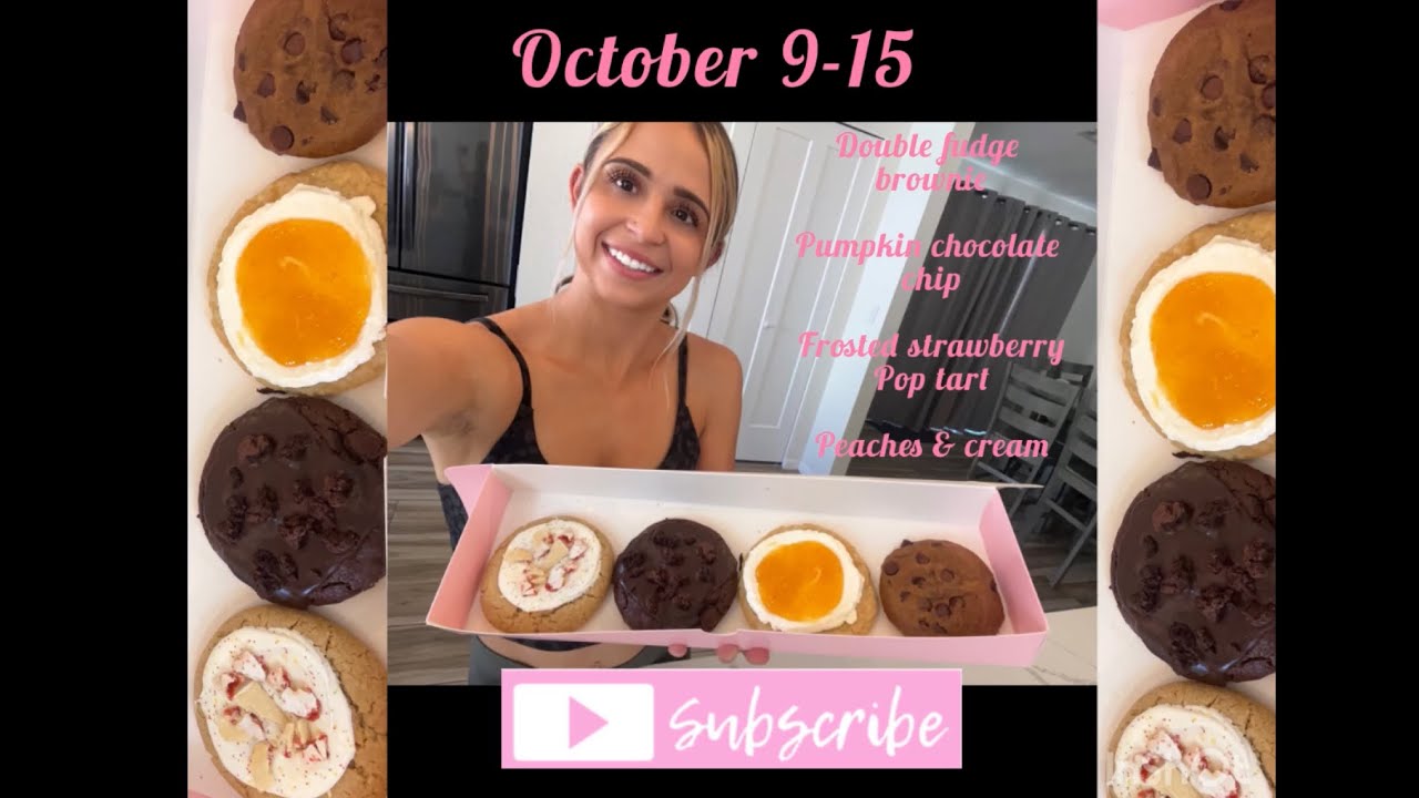 Crumbl Cookie (pumpkin chocolate chip, Frosted strawberry pop tart, fudge brownie, peaches & cream)