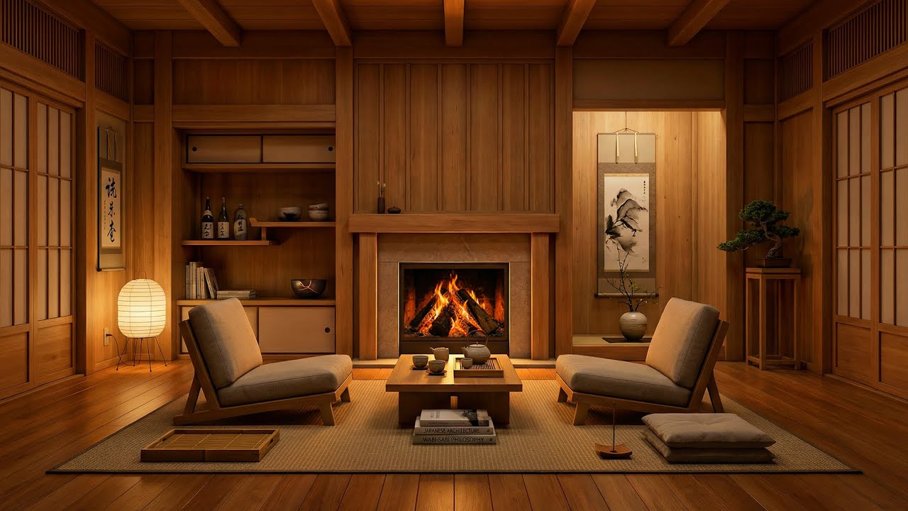 Traditional Japanese Zen Room Fireplace 4K | Warm Wood, Quiet Night & Healing Ambience