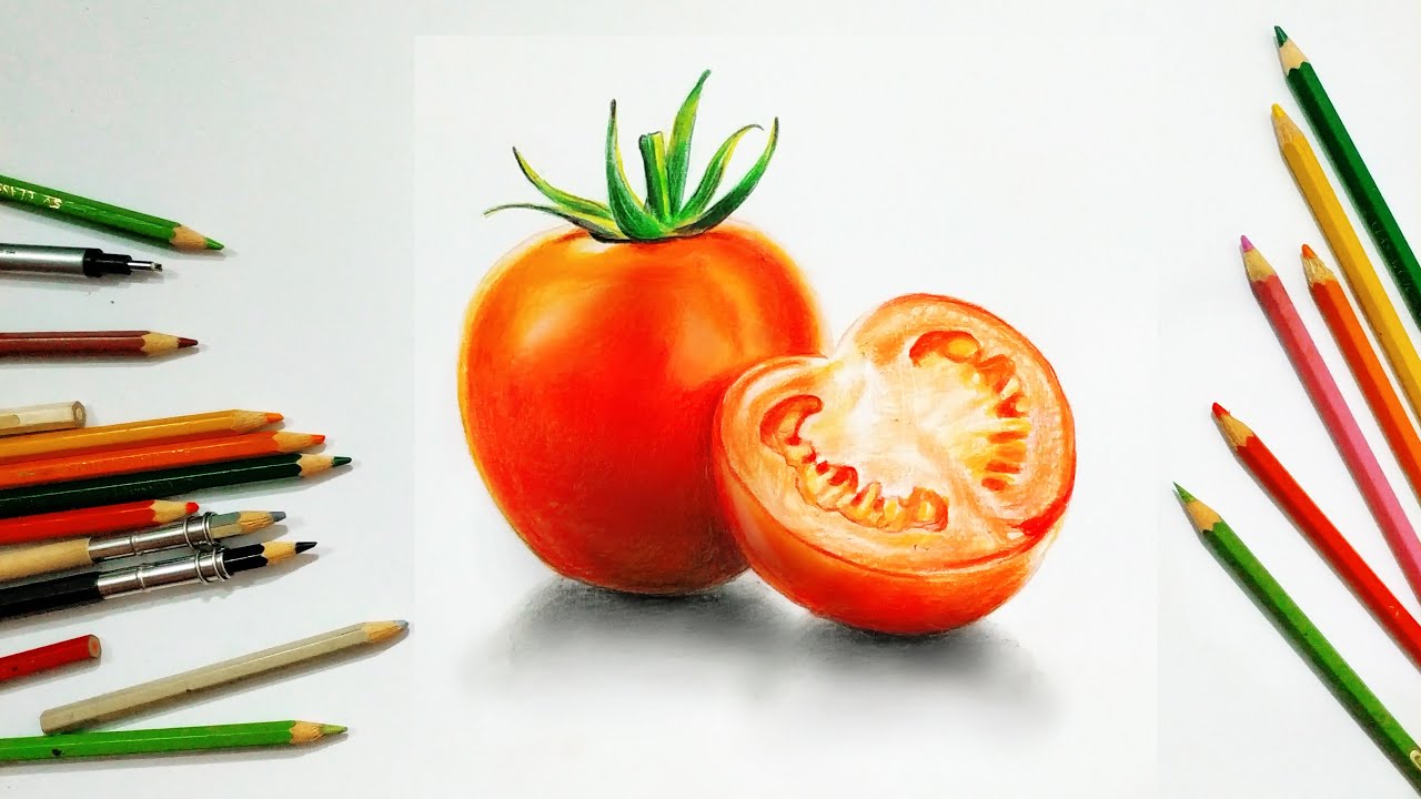 Lukisan 3d | Cara menggambar 3d realistis Tomat dengan Pensil warna