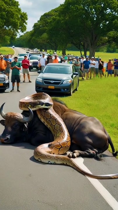 Python Wrapped Around a Buffalo on the Road - YouTube