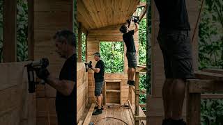 A hidden wooden cabin carved inside a tree. Profile