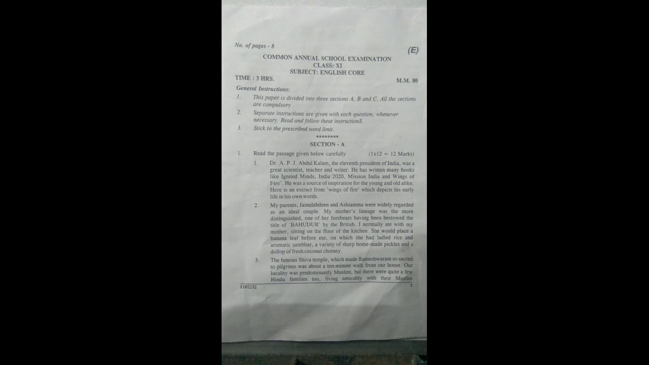 English ka question paper  2017-2018 last year class 11th