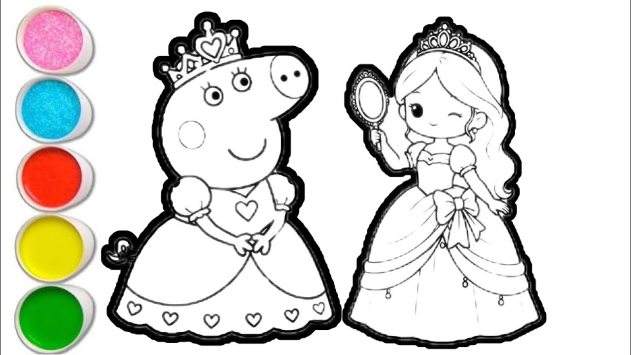 Drawing Princess Papi Peppa pig with princess drawing and coloring for kids and toddlers ...