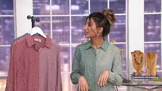 Celebrity LOGO by Lori Goldstein Woven Mixed Media Button Front Blouse on QVC Wealth