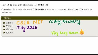 CSIR NET Part A Reasoning | Coding Decoding Trick | Quesn Id:56295491 | Find LOTION